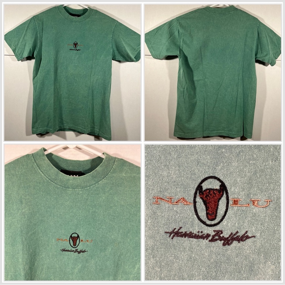 VTG NALU Hawaiian Buffalo Green Single Stitch Embroidery T Shirt Size Medium USA
